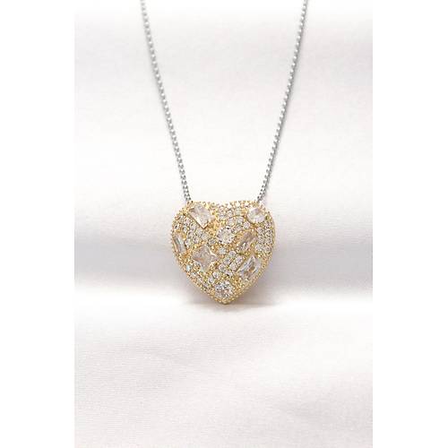 316L �elik �ift Renk Zirkon Ta�l� Kalp Kolye