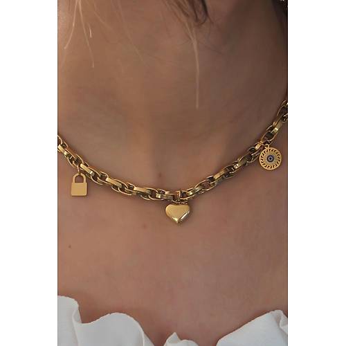 �elik Gold Renk Kal�n Zincir Model Kalp Fig�r Kad�n Kolye