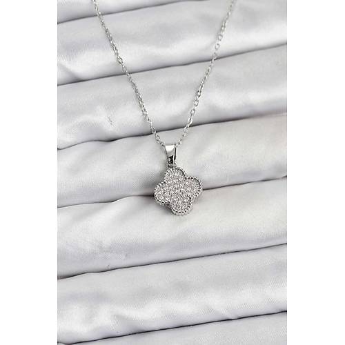 316L �elik Zincir G�m�� Renk Zirkon Ta�l� Yonca Model Kad�n Kolye