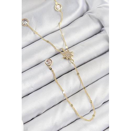 Pirin� Zirkon Ta�l� Kutup Y�ld�z� Model Gold Renk Y Kolye