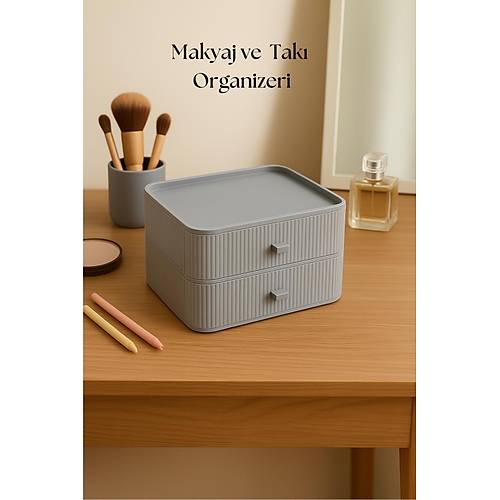 2 Katl� �ekmeceli Makyaj Organizeri & �ok Ama�l� D�zenleyici Gri