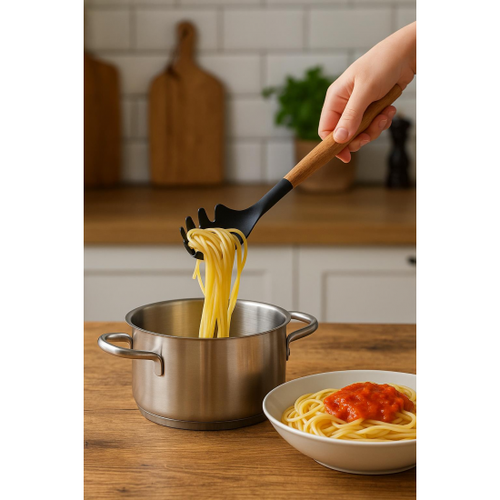 Bambu Sapl� Silikon Spagetti Makarna Servis Ka���� Siyah