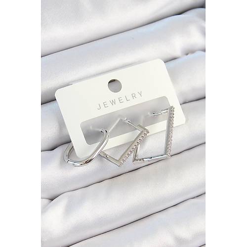 Pirin� Zirkon Ta�l� Dikd�rtgen Model G�m�� Renk 3'l� �ift Kad�n K�pe Set