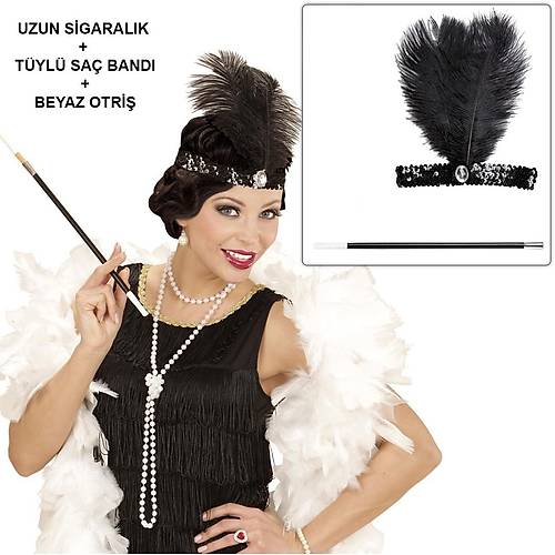 Retro Charliston Beyaz Otri�li Aksesuar Seti � 20'ler 90'lar Gatsby Kost�m Seti