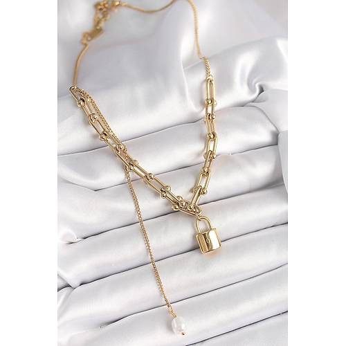 316L �elik Gold Renk Tifany Zincir Model Kilit Fig�r Sallant� �nci Detay Kad�n Kolye