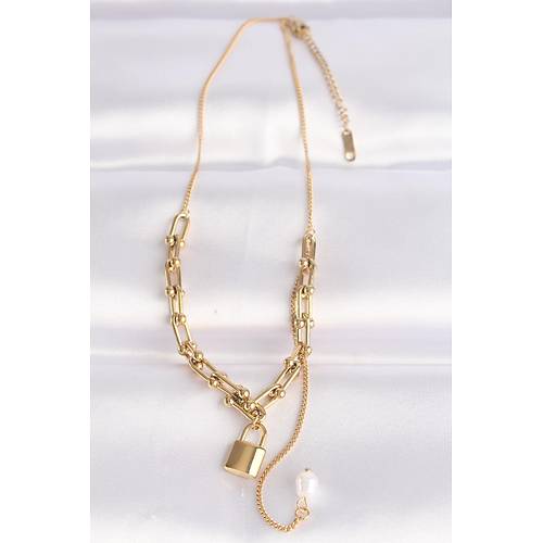 316L �elik Zincir Alt�n Renk Zincirli Love Yaz�l� Kilit Kolye