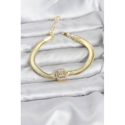 316L �elik Gold Renk Baget Zirkon Ta�l� Y�lan Zincirli Kad�n Bileklik