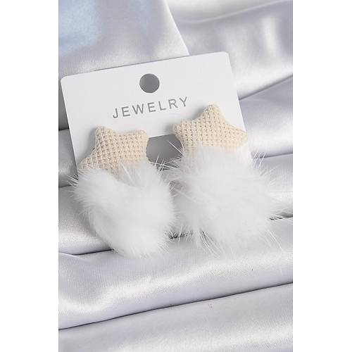 Beyaz Renk T�yl� Y�ld�z Ponpon Model Kad�n K�pe