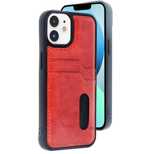 iPhone 11 K�l�f Sara Kartvizitli Deri K�l�f - K�rm�z�