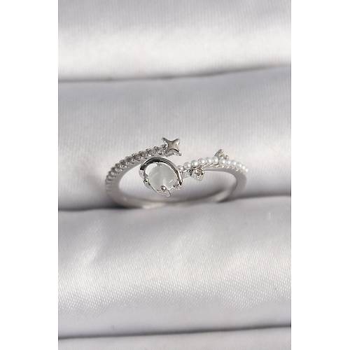 Pirin� G�m�� Renk Zirkon Ta�l� Beyaz Mineli Y�ld�z Detay Ayarlanabilir Kad�n Y�z�k