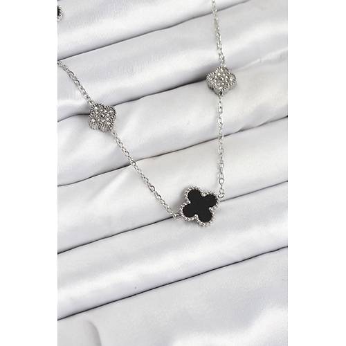 316L �elik Zincir G�m�� Renk Siyah ve Zirkon Ta�l� Yonca Kad�n Kolye