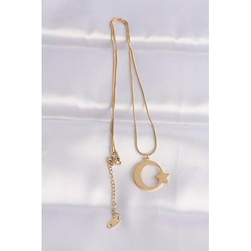 316L �elik Zincir Gold Renk Ay Y�ld�z Unisex Kolye