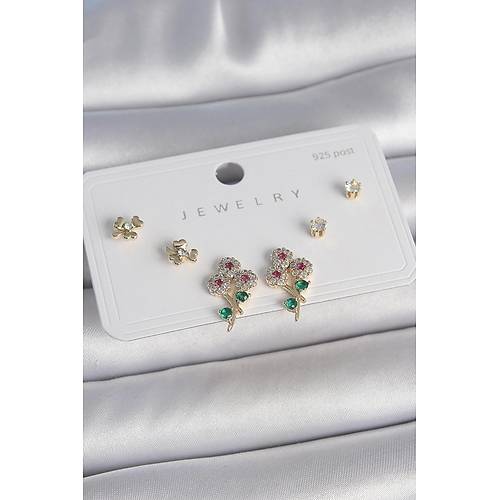 Pirin� Gold Renk Renkli Zirkon Ta�l� �i�ek Model Yaprak Detay 925 Ayar G�m�� �ivi Kad�n K�pe Seti