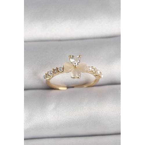 Pirin� G�m�� Renk Zirkon Ta�l� Beyaz Mineli Yonca Model �nci Detay Ayarlanabilir Y�z�k