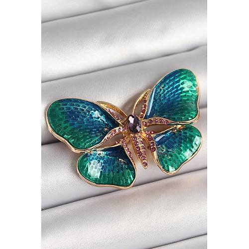Pirin� Gold Renk Turquaz Model Zirkon Ta� Detayl� Kelebek Model Kad�n Bro�
