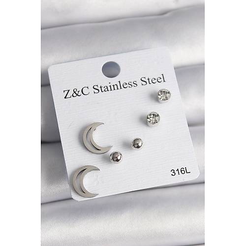 316L �elik G�m�� Renk Zirkon Ta�l� Hilal Model Kad�n K�pe Seti