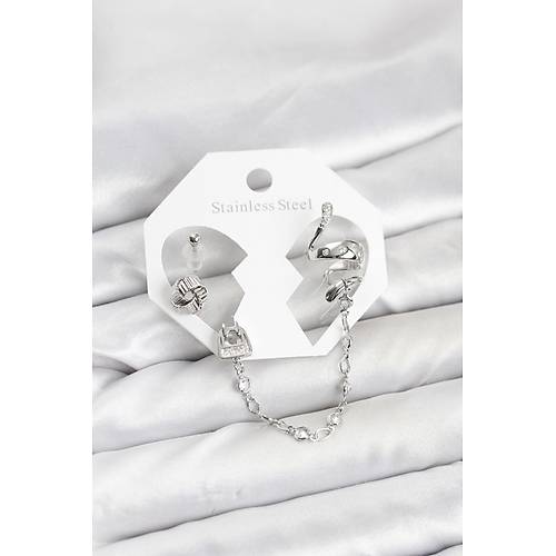 Pirin� G�m�� Renk Y�lan Model Zincir Ba�lant�l� Ear Cuff K�pe Seti