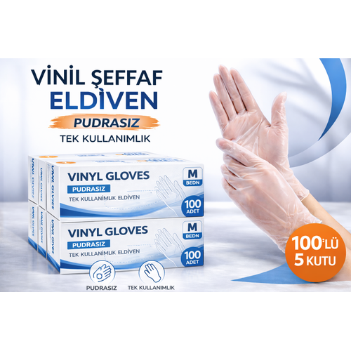 Vinil �effaf Eldiven M Beden 100�l� 5 Kutu Tek Kullan�ml�k Pudras�z Vinil Muayene ve Hijyen Eldiveni Toplu Set 500 Adet