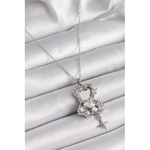 316L �elik G�m�� Renk Ayna Ay�c�k Model Zirkon Ta�l� Kalp Detay Kad�n Kolye