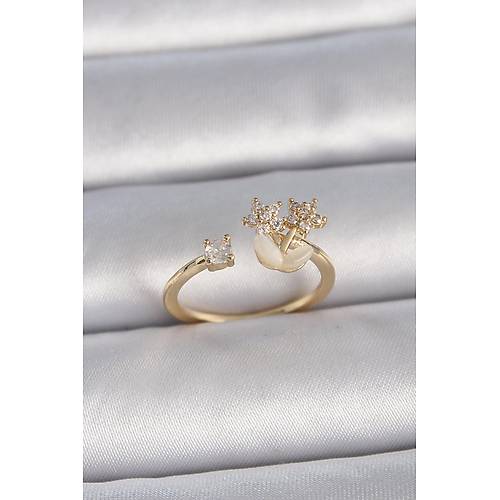 Pirin� Gold Renk Ayarlanabilir Zirkon Ta�l� Y�ld�z Model Kad�n Y�z�k