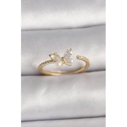 Pirin� Gold Renk Zirkon Ta�l� Kelebek Mode �nci Detay Ayarlanabilir Y�z�k