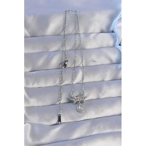 316L �elik Zincirli G�m�� Renk Zirkon Ta�l� Damla Detay Fiyonk Model Kolye