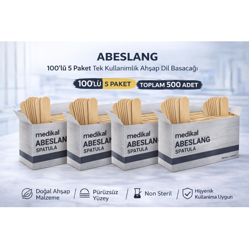 Abeslang 100'l� 5 Paket Tek Kullan�ml�k Ah�ap Dil Basaca�� Non Steril Medikal Spatula Toplam 500 Adet