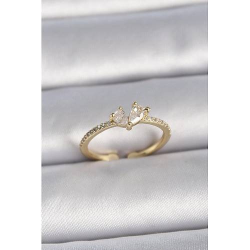 Pirin� Gold Renk Ayarlanabilir Zirkon Ta�l� Kalp Model Kad�n Y�z�k