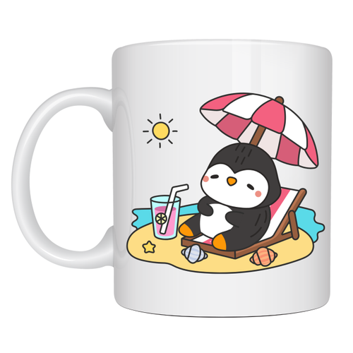 Sevimli Penguen Yaz Tatili Tasar�ml� Porselen Kupa MODEL 200 � Penguen Bask�l� Kahve Kupas� � Yaz Temal� E�lenceli Hediye Kupa