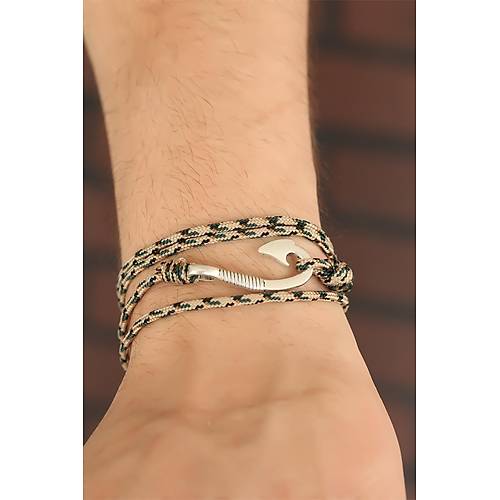 Krem Renk �izgi Desenli Metal Kancal� Erkek Bileklik