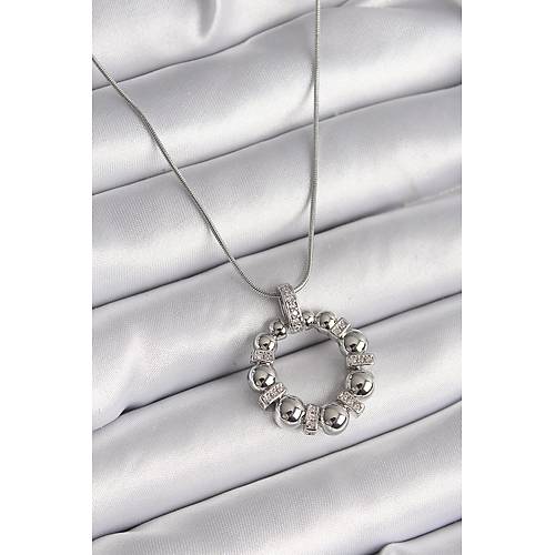 316L �elik G�m�� Renk Zincir Zirkon Ta� Detayl� Bombeli Halka Model Kad�n Kolye