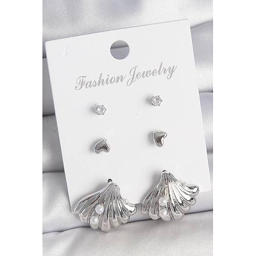 Pirin� G�m�� Renk Zirkon Ta� Detayl� �nci Detayl� Deniz Kabu�u Model 3 �ift Kad�n K�pe