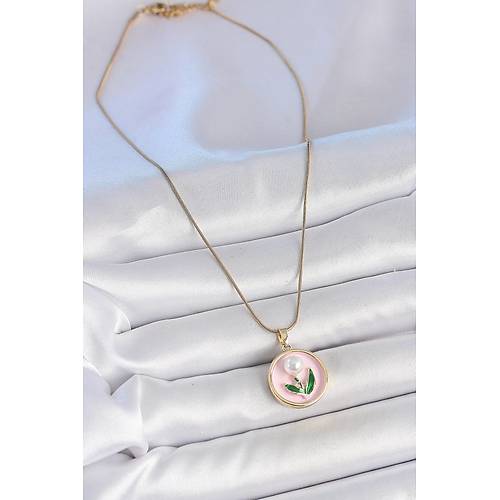 316L �elik Gold Renk Zincir Pembe Mineli �ncili �i�ek ��lemeli Portre Model Kad�n Kolye