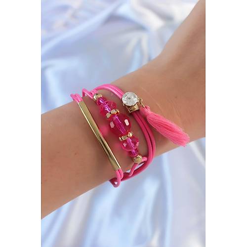 Pembe Zirkon Ta�l� �pli P�sk�l Detay �oklu Bileklik