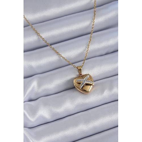 316L �elik Gold Renk Zirkon Detay Kalp Model Kad�n Kolye