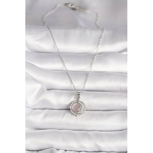 316L �elik G�m�� Renk Zirkon Ta�l� Pembe Sedefli Hilal Model Kad�n Kolye