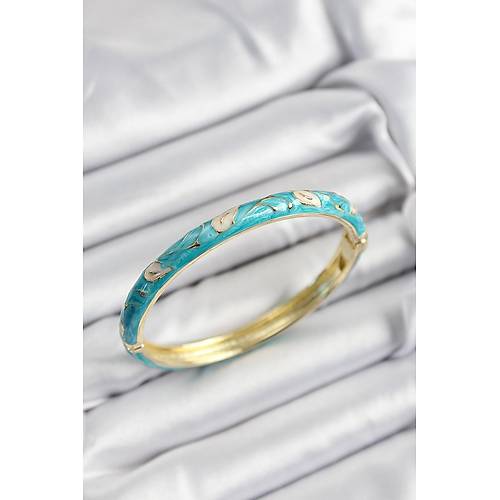 Mineli Pirin� Krem Ve Turkuaz Yaprak Motifli Gold Renk Kad�n Kelep�e