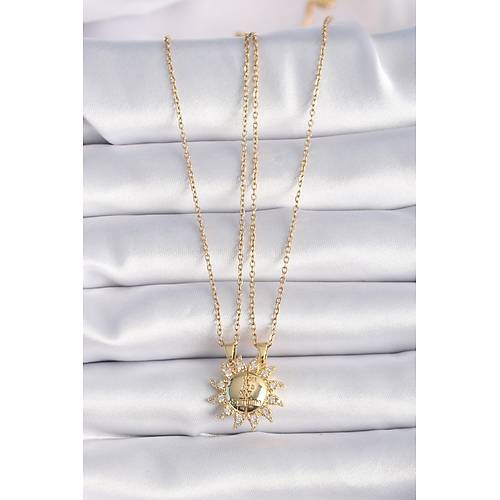 316L �elik Gold Renk Zirkon Ta�l� G�ne� Model ��leme Yaz� Detay Arkada� Kolyesi