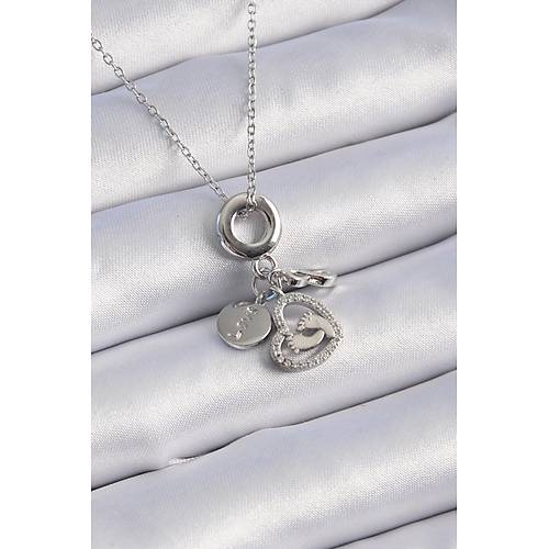 316L �elik G�m�� Renk Zirkon Ta� Detay Kalp Model Charm Kad�n Kolye