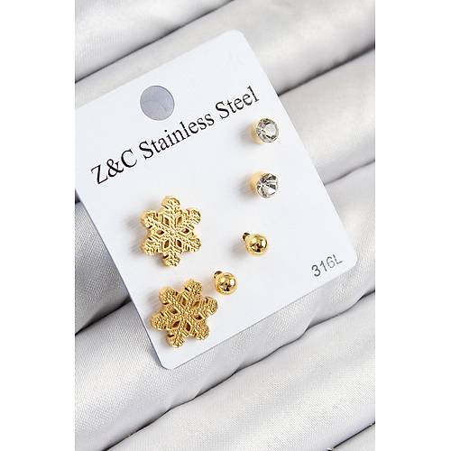 316L �elik Zirkon Ta�l� Kar Tanesi Model Gold Renk Kad�n Set K�pe