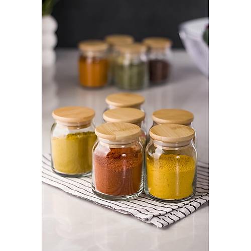 6'l� Bambu Kapakl� Cam Kavanoz & Baharat Tak�m� & Baharatl�k Seti 200 ML (Vakum Kapak)