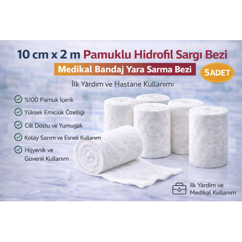 10 cm x 2 m Pamuklu Hidrofil Sarg� Bezi Medikal Bandaj Yara Sarma Bezi �lk Yard�m ve Hastane Kullan�m� 5 Adet
