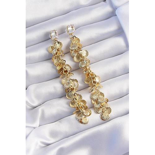 Pirin� Gold Renk Zirkon Ta�l� Minimal Deniz Kabuklu Sallant�l� K�pe