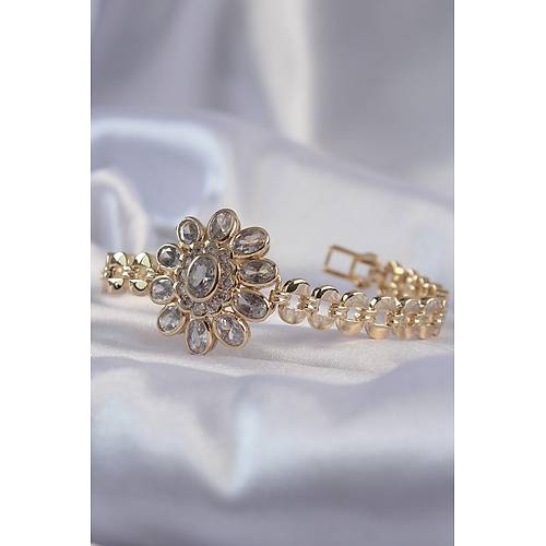 Pirin� Gold Renk �ri Zirkon Ta�l� �i�ek Fig�rl� Bileklik