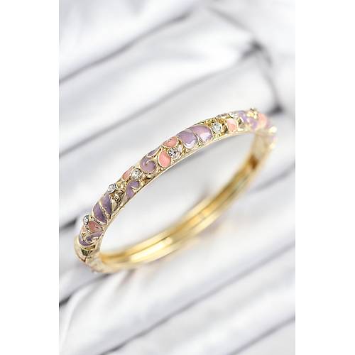 Mineli Pirin� Zirkon Ta�l� Pembe Mor �i�ek Motifli Gold Kad�n Kelep�e