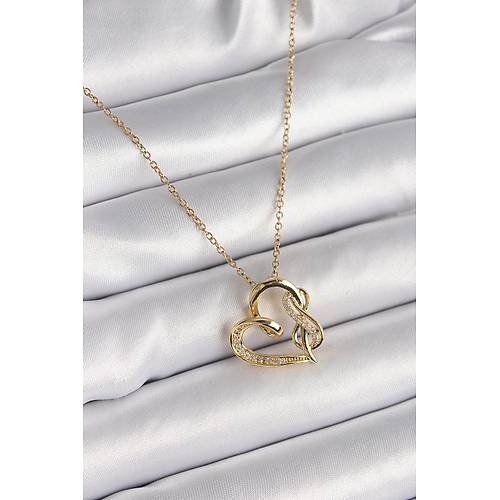 316L �elik Gold Renk Zincir Zirkon Ta� Detayl� Kalp Model Sonsuzluk Detay Kad�n Kolye