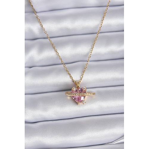 316L �elik Gold Renk Zincir Pembe Kristal Kalp Model Zirkon Ta� Detay Kad�n Kolye