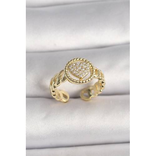 Pirin� Gold Renk Ayarlanabilir Zirkon Ta�l� Kalp Model Kad�n Y�z�k