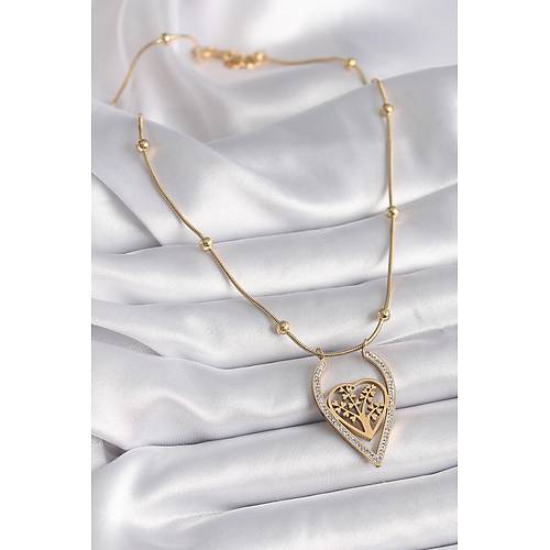 316L �elik Gold Renk Zirkon Ta�l� Detayl� Kalp Fidan Model Kad�n Kolye