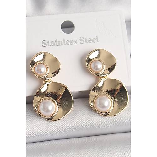 Pirin� Gold Renk Sallant� �nci Detayl� Daire Plaka Model Kad�n K�pe